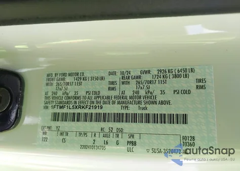 2024 Ford F-150 Xl из США, поврежденный, VIN 1FTMF1L5XRKF21919